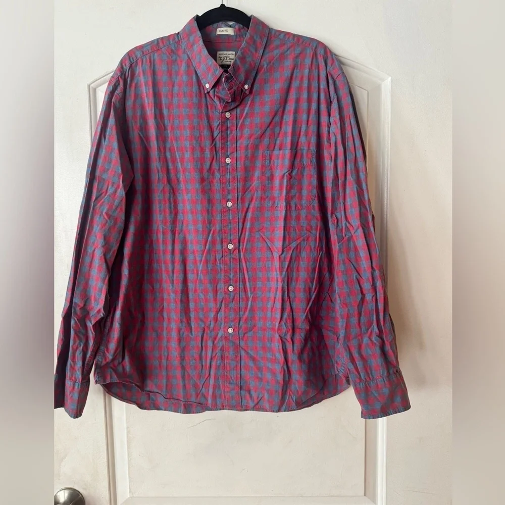 J. Crew Men's Slim Untucked Red and Blue Checkered Long-Sleeve Button Down Shirt